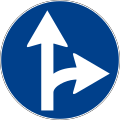 Bild 58 c: Vorgeschriebene Fahrtrichtung: Rechts oder geradeaus (Direzioni consentite: destra o dritto)