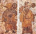 A pair of guardian spirits for different hours of day and night, respectively, a painted ceramic tile from the Han Dynasty