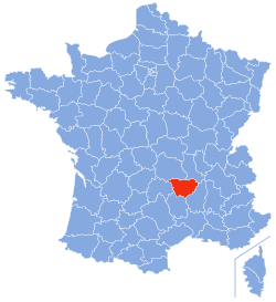 In red, the modern territory of Haute-Loire (most of it was former Velay) within France