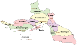 Location of Bandar Lengeh County in Hormozgan province (left, green)