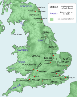 Map showing the kingdoms of Dyfed, Powys, and Gwynedd in the west-central part of the island of Great Britain. Dumnonia is below those kingdoms. Mercia, Middle Anglia, and East Anglia run across the middle of the island from west to east. Below those kingdoms are Wessex, Sussex, and Kent, also from west to east. The northern kingdoms are Elmet, Deira, and Bernicia.