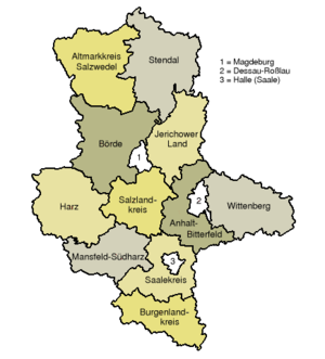 Map of Saxony-Anhalt showing the current district boundaries.