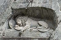 The Lion Monument in Lucerne, Switzerland, commemorates the sacrifice of the Swiss Guards at the Tuileries in 1792.