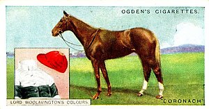 Ogden's cigarette card depicting Coronach and Lord Woolavington's racing colours from 1926