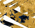 Image 18Titan's north polar hydrocarbon seas and lakes, as seen in a false-color Cassini synthetic aperture radar mosaic (from Lake)
