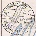 Poststempel von 1952: „Schkeuditz, bekannt durch seine Pelzveredlung“. Abbildung eines Fuchsfells.
