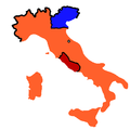 Italy in 1861: orange Kingdom of Italy, blue Kingdom of Lombardy–Venetia (Austrian Empire), red Papal States.