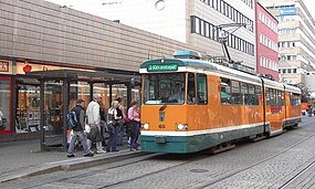 A Duewag M97 tram at Söder Tull, as it leaves the city centre on Line 3 service
