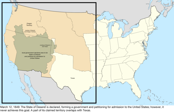 Map of the United States after the creation of the provisional State of Deseret on July 2, 1849