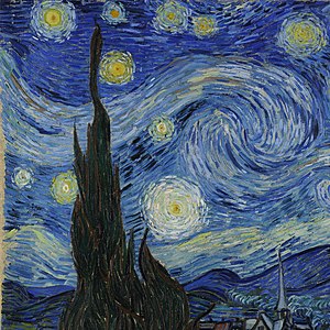 Starry Night by van Gogh (1889). The impasto technique and line structure gives his viewers the feeling that the sky is moving.[3]