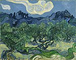 Olive Trees with the Alpilles in the Background, (1889), Museum of Modern Art, New York City. Referring to Olive Trees with the Alpilles in the Background, on or around June 18, 1889, in a letter to Theo, Vincent wrote: At last I have a landscape with olives and also a new study of a Starry Night.[28]