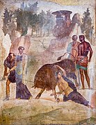 Dirce being tied to a bull by Amphion as Zethus looks on; Antiope tries to stop her son's hand. (fresco, 1st century AD)