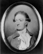 Black and white print depicts a clean-shaven man with his hair rolled over his ears in late 18th century style. He wears a coat over a frilled white shirt.