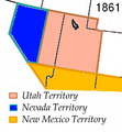 Image 27The Nevada 1861 territory boundary (blue) changed three times: 1864 statehood shifted eastern border from 39th to 38th meridian, 1866 May 5; east border (pink) moved eastward 53.3 mi (85.8 km), from the 38th to 37th meridian, and 1867 January 18; south boundary (yellow) moved from the 37th parallel north southward to the current boundary (14 Stat. 43) (from History of Nevada)