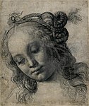 Andrea del Verrocchio - Head of a Woman, (verso & recto), c. 1475, charcoal (some oiled?), heightened with lead white, pen and brown ink (r.), charcoal (v.), 324 x 273 mm., British Museum. Verrocchio is credited with inventing this type of ideal beauty.[2][6]