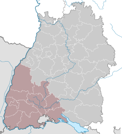 Map of Baden-Württemberg highlighting Freiburg