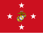 Red flag with a gold and grey Eagle, Globe, and Anchor emblem centered, surrounded by four white five-point stars