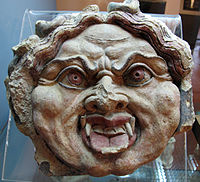 Gorgon antefix, Orvieto, end of the 5th century. Heads of both Silenus and gorgons were common subjects for antefixes.
