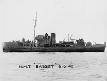 Black and white image of British naval trawler HMT Basset taken in 6.8.1942
