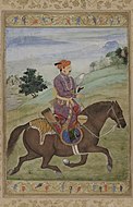 Jahangir hunting with a falcon, in Western-style country.