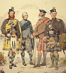 Four men in kilts with widely divergent tartans, sporting a variety of headgear, jackets, plaids, sporrans, and other accessories