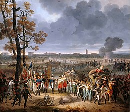 Painting shows a long line of white-coated soldiers filing out of a city.