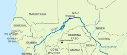 Map of the Niger River in northern Africa, showing the distance between Maiga's birth town in Burkina Faso and his adopted city, Timbuktu in Mali