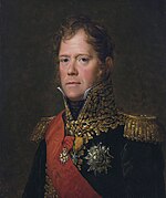 Painting of a red-headed man with long sideburns and blue eyes. He wears a dark blue military uniform with a high collar, a red sash and much gold braid.
