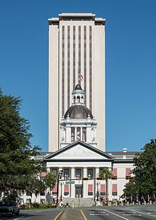 A photograph showing the old and new Florida State Capitol buildings.