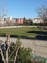 View of Pavlos Melas football field and the town hall