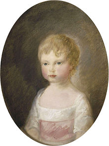 Painting of Alfred as a young boy with short, wispy blonde hair, wearing a white garment with a pink sash