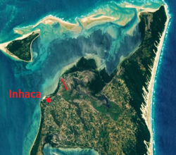 Inhaca and the runway of Inhaca Airport highlighted in red