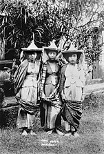 Three Sama-Bajau women from Jolo, Sulu wearing saruk, c.1900