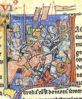A mitred Adhémar de Monteil carrying one of the instances of the Holy Lance in one of the battles of the First Crusade