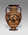 Ungerüstete Krieger mit Athena; schwarzfigurige Halsamphora, um 510 v. Chr., Medea-Gruppe; J. Paul Getty Museum, Malibu[5]