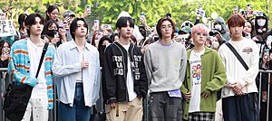 BoyNextDoor in April 2024 L–R: Taesan, Sungho, Jaehyun, Leehan, Riwoo, Woonhak