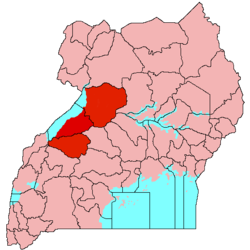 Location of Bunyoro (red) in Uganda (pink)