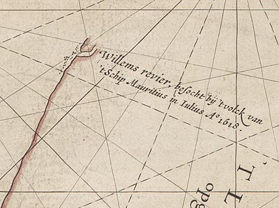 Caert van't Landt van d'Eendracht (detail naming the Mauritius as ship used for the discovery of Willem's River) - The text on this close-up cropped image says, Willems revier, besocht by 't volck van 't Schip Mauritius in Iulius A° 1618 (translated Willem's River, visited by the crew of the ship Mauritius in July 1618)