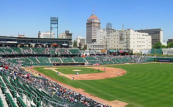 Fresno, the third most populated city in northern California, as seen from Chukchansi Park. Fresno is the largest city by population in the Central Valley.