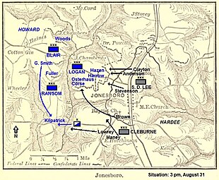 Map shows Battle of Jonesborough at 3 pm on 31 August 1864.