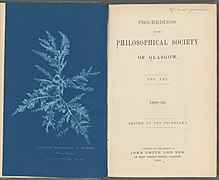 Cyanotype reproduction of seaweed (Ptilota Plumosa) and Title Page of Proceedings of the Royal Philosophical Society of Glasgow, Vol. XXI, 1889-90