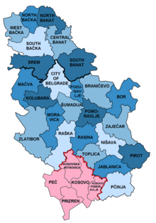 Map of present-day districts of Serbia