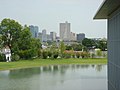 View from museum looking over reflecting pool toward downtown Fort Worth.