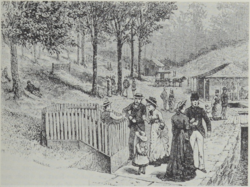 Black and white engraving of several people, dressed in clothing from the late 1800s, at a natural spring