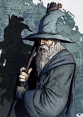 painting of an old bearded man in a hat, with a staff
