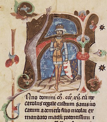 Chronicon Pictum, Hungarian, Hungary, King Charles Robert, shield, Hungarian Anjou coat of arms, orb, crown, medieval, chronicle, book, illumination, illustration, history