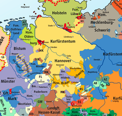 Location of the later Duchy of Oldenburg within the Holy Roman Empire (upper left, light green)