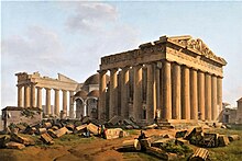 Painting of a Greek temple, with a small mosque inside.