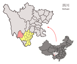 Location of Muli County (red) within Liangshan Prefecture (yellow) and Sichuan