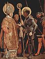 Meeting of Saint Erasmus and Saint Maurice by Matthias Grünewald (1517–23), Alte Pinakothek. Grünewald used Albert of Mainz, who commissioned the painting, as the model for St. Erasmus.